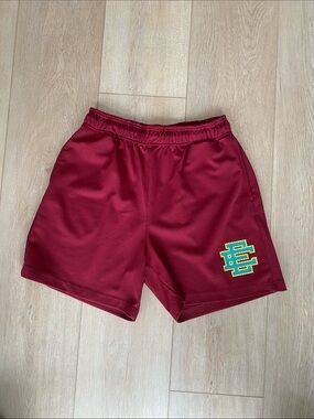 Eric Emanuel Maroon Athletic Shorts with Teal & Yellow Embroidered Logo